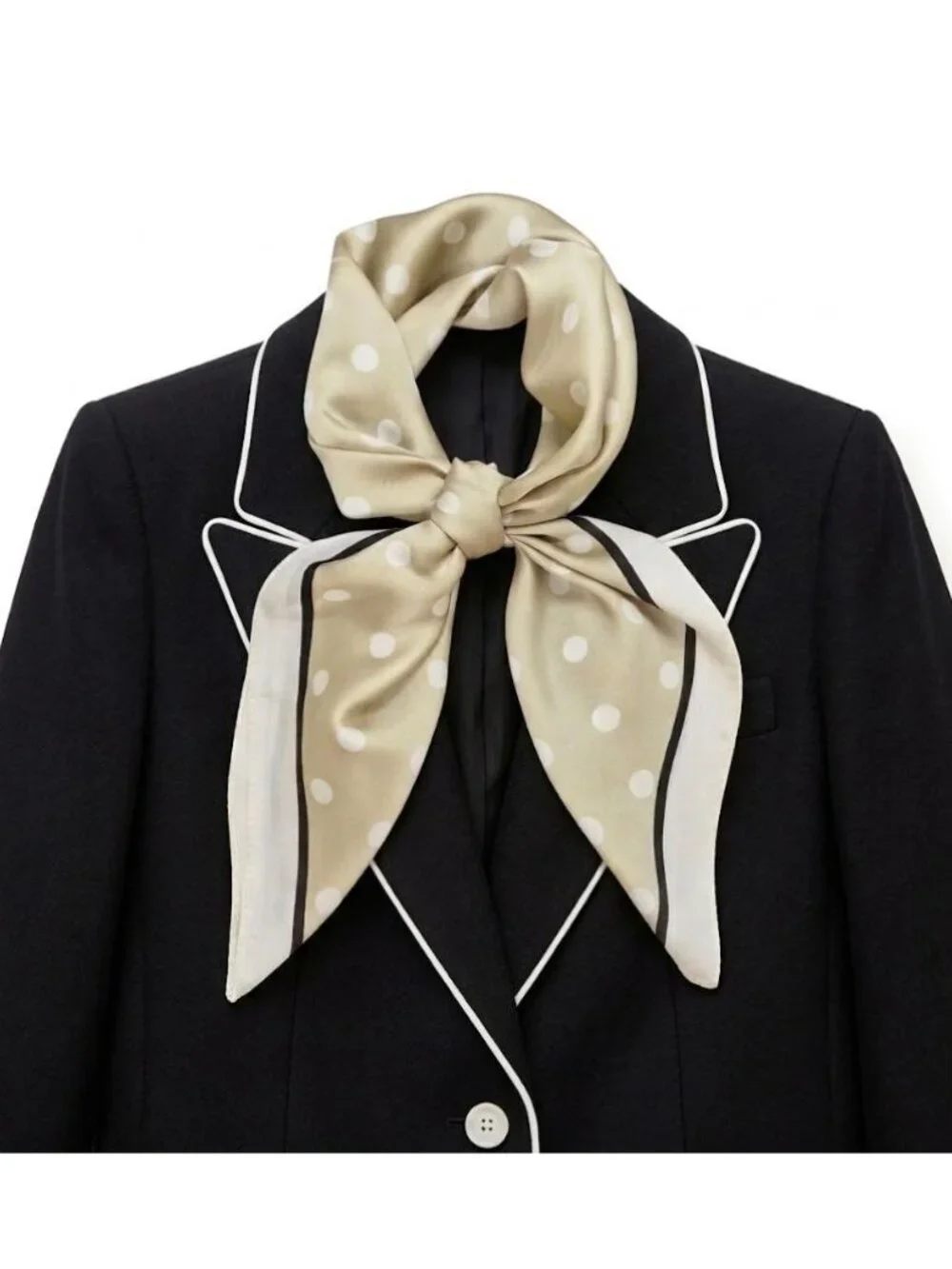 Luxury Elegant Silky Square Scarf Beige White Polka Dot Print Head Wrap Bandana